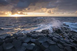 Irish Coastal Landscape Photography Prints: Basalt columns by the coast at sunset
