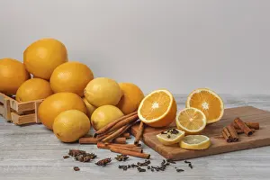 Light Colored Background Photo Prints: Basket with oranges and lemons