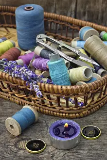 Tailor's Tools Prints: Basket with spools of thread and buttons and fresh lavender
