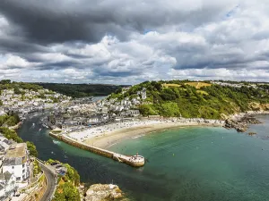 Steep Cliff Landscape Photo Prints: Beach and Cliffs over Looe Bay from a drone