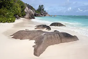 Rural Waterfront Scenes Prints: Beach and granite rocks at Anse Source d'Argent