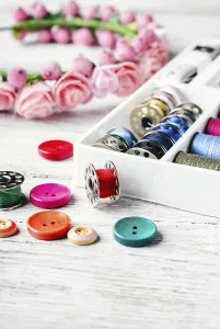 Handicraft Accessories Prints: Beads, thread and bobbins for needlework