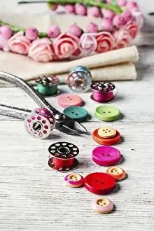 Handicraft Materials Prints: Beads, thread and bobbins for needlework
