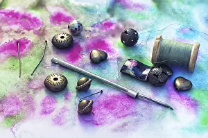 Needlework Tools Prints: Beads and tools for needlework on bright background