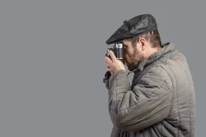 Gray Background Image Prints: Bearded man with retro camera, studio shott
