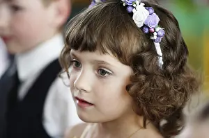 Prints of Belarus, the city of Gomel, May 30, 2019. Kindergarten. Face of a preschool girl close up Belarus Prints: Print of Belarus, Gomel Kindergarten Girl