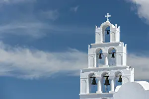 Cyclades Islands Prints: Bell tower in front of cloudy sky