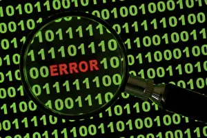 Binary Code Error Prints: Binary code with the word 'Error' viewed through a magnifying glass Binary code with the word