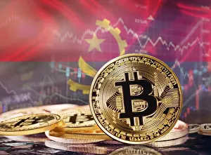 Prints of Bitcoin with Angolan flag in the background. Investors in cryptocurrency and Blockchain Technology in Angola, Concept Related Prints: Bitcoin Print with Angolan Flag Background
