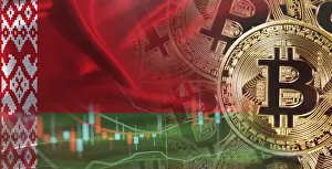 Blockchain Technology Investors Prints: Bitcoin cryptocurrency with Belarus flag