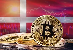 Digital Currency Payment Transaction Prints: Bitcoin with Denmark flag in the background