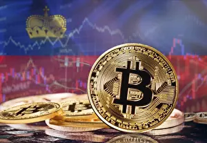 Prints of Bitcoin with Liechtensteiner flag in the background. Investors in cryptocurrency and Blockchain Technology in Liechtenstein, Concept Liechtenstein Prints: Bitcoin Print with Liechtensteiner Flag Background