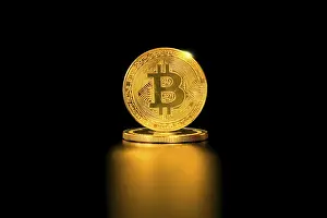 Digital Currency Prints: Bitcoin and reflection. Physical bit coin