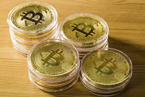 Blockchain Technology Image Prints: Bitcoins on a light background