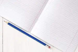 Empty Notebook Prints: Blank sheet of lined notebook with pencil