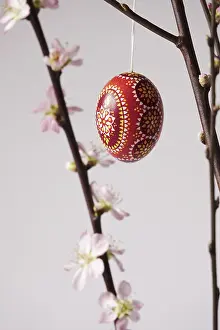 Easter Egg Decoration Prints: Blooming branches of a peach tree in a vase decorated with Easter egg