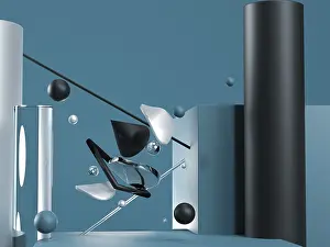 Futuristic Architecture Design Prints: Blue abstract flying geometric objects
