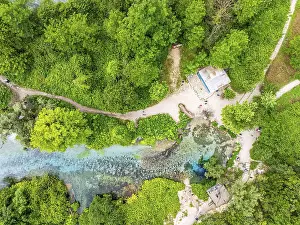 Uninhabited Balkan Peninsula View Prints: Top Down over The Blue Eye from a drone