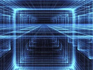 Prints of Blue perspective background - abstract computer-generated 3d illustration. Contemporary digital art: tunnel or hall with glowing grid. For sci-fi or technology design projects Contemporary Art Prints: Blue Perspective Print - Glowing Grid Background