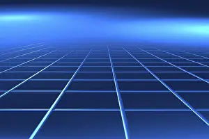 Digital Composite Artwork Prints: Blue surface with grid structure running to perspective vanishing point