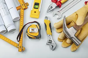 Professional Working Clothes Prints: Blueprints Gloves And Construction Tools On White Background