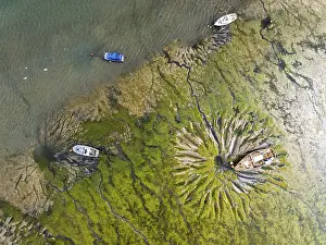 Historic Fortification In England Prints: Top Down over boat and mud from drone
