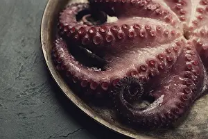 Barbecued Seafood Snack Prints: Boiled octopus, close-up, rustic style