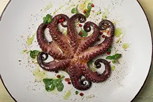 Healthy Seafood Option Prints: Boiled octopus, close-up, rustic style