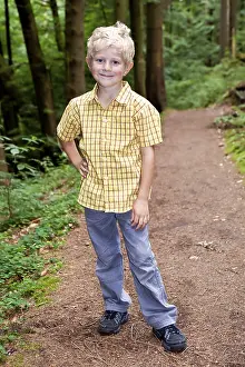 Caucasian Boy Outdoors Prints: Boy, 5 years old, on a forest path