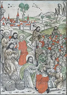 Prints of The Bread Wonder, old coloured woodcut by Michael Wolgemut and Anton Koberger from incunabula The Treasure Keeper or Shrine of the True Riches of Salvation and Further Bliss by Stephan Fridolin Michael Wolgemut Prints: The Bread Wonder, 1491 Woodcut Print
