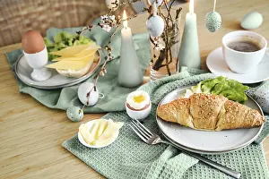 Food Still Life Prints: Breakfast with Easter eggs, croissant