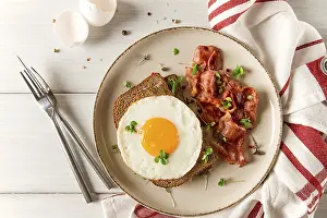 Fried Egg Photography Prints: Breakfast, fried egg with bacon