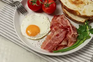 Light Colored Background Food Photography Prints: Breakfast, fried egg, bacon and bread