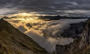 Sunrise In Austria Prints: Bregenzerwald mountains with clouds below