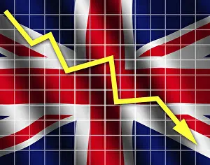 UK National Symbol Prints: The British flag and arrow graph going down