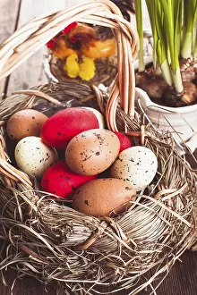 Brown Eggs Prints: Brown, red and yellow eggs in basket, Easter decor