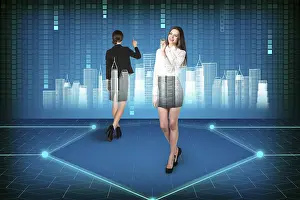Futuristic Office Interior Prints: Brunette operating with search interface on the wall
