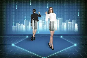 Futuristic Office Interior Prints: Brunette operating with search interface on the wall