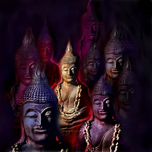 Buddha Figurine Prints: Buddha figures in different colours, Composing
