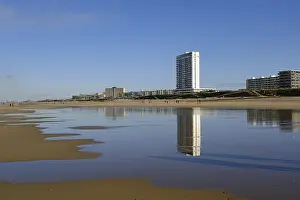 Sandy Ocean Beaches Prints: Building on sandy beach, reflection