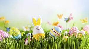 Agricultural Scenery Prints: A bunny is standing in a field of Easter eggs