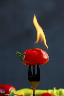 Food Photography Close Ups Prints: Burning red pepperoni on a fork