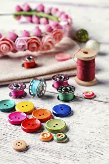 Arts And Crafts Supplies Prints: Buttons of different colours and accessories for needlework