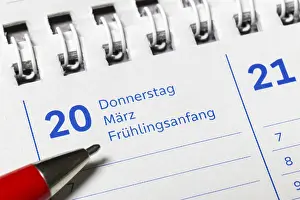 First Day Of Spring Germany Prints: Calendar page with date 20 March and reference to the beginning of spring