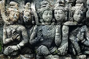 Historic Temple Complexes Prints: Detail of carved relief at Borobudur on Java