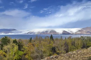 Caucasus Mountain Scenery Prints: Landscape with Sevan lake from Sevanavank monastery
