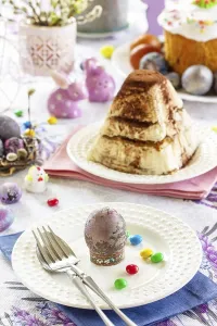 Christian Easter Celebration Prints: Table setting. Easter table with Easter eggs and easter orthodox sweet bread