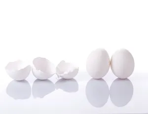 Food Photography Meal Prints: Group of eggshells and eggs with reflection on white background