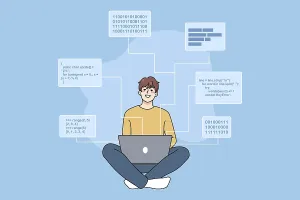Data Security Protection Prints: Smiling male software engineer working on computer writing codes and programs