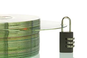 Data Theft Prevention Prints: CD stack with a CD and a padlock
